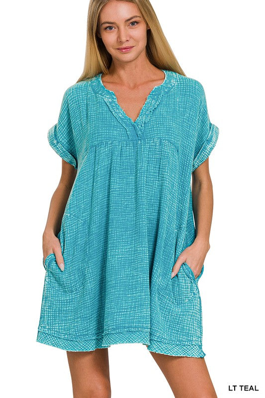 Zenana Baumwolle Doppel-Gaze gewaschenes Damenkleid S-XL Hellblau
