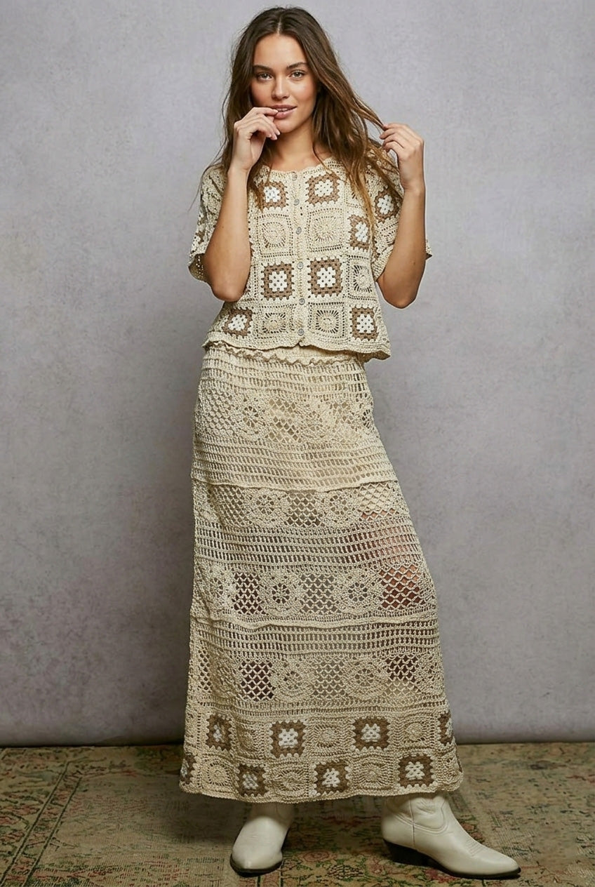POL Floral Häkel-Rüschentaille Maxi Damenrock Granny Square Webung