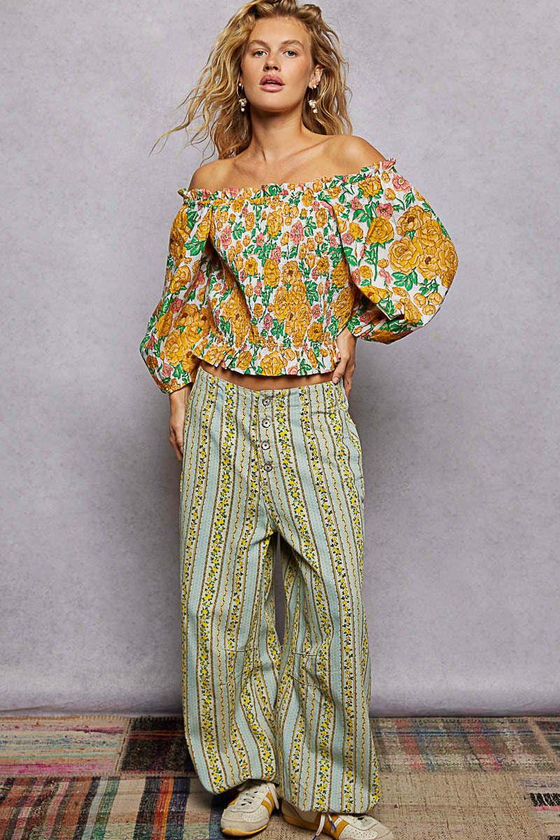 POL Blumenmuster Off-Shoulder Smocked Damenbluse