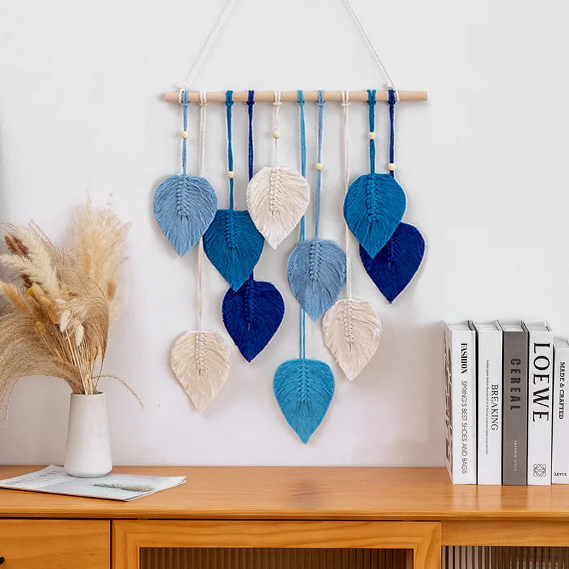 Boho Makramee Blatt Wandbehang – Handgewebter Wandteppich mit Perlen