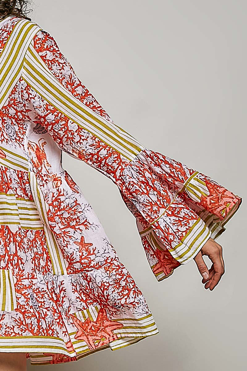 POL Gestreiftes Floral Langarm Damen Mini Kleid mit Falten