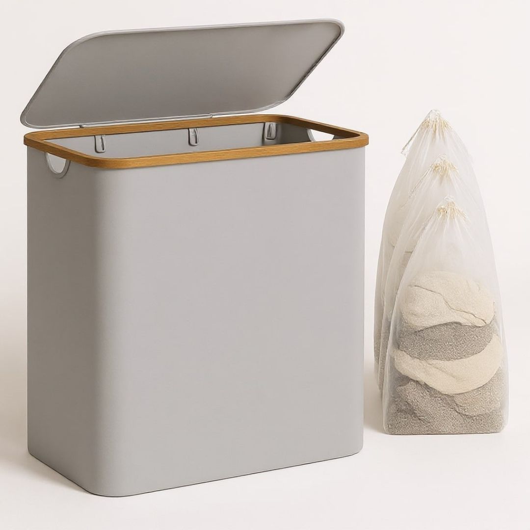 Laundry Basket with Lid | Laundry Collector with 3 Compartments in Black, Beige & Gray | LaundryBox