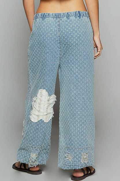 POL Floral Patch Gewaschen Texturiertes Twill Damenhose Häkelpatch
