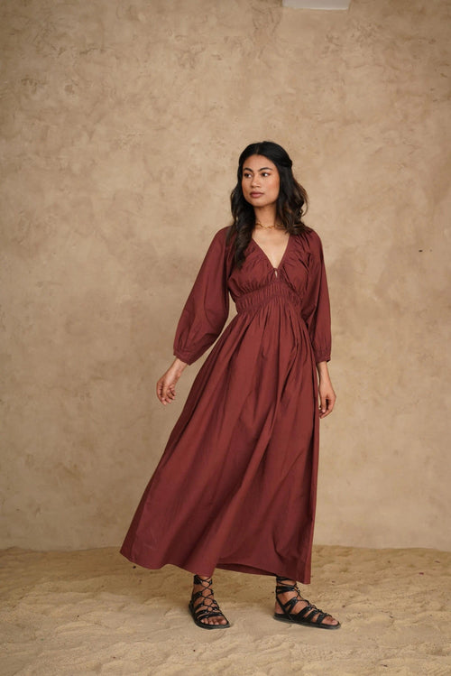 Organic Deep V-Neck Midi Dress with Pockets, Long Sleeve