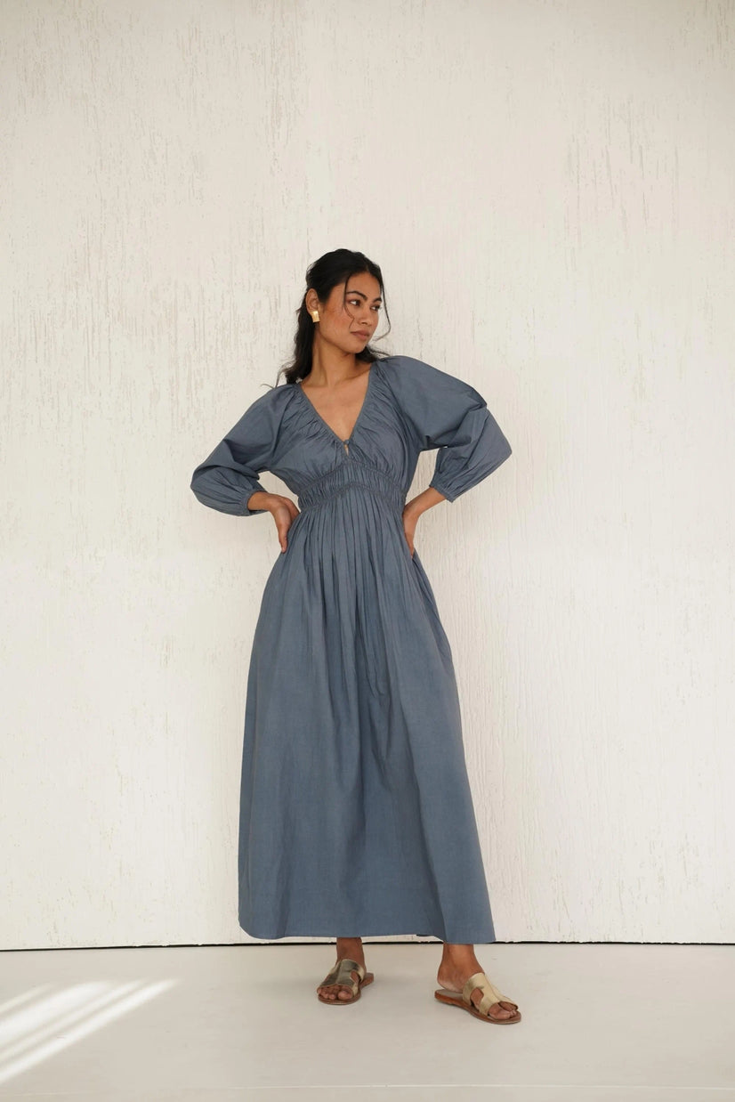 Organic Deep V-Neck Midi Dress with Pockets, Long Sleeve