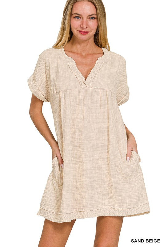 Zenana Baumwolle Double Gauze Gewaschen Damenkleid S-XL Sandbeige