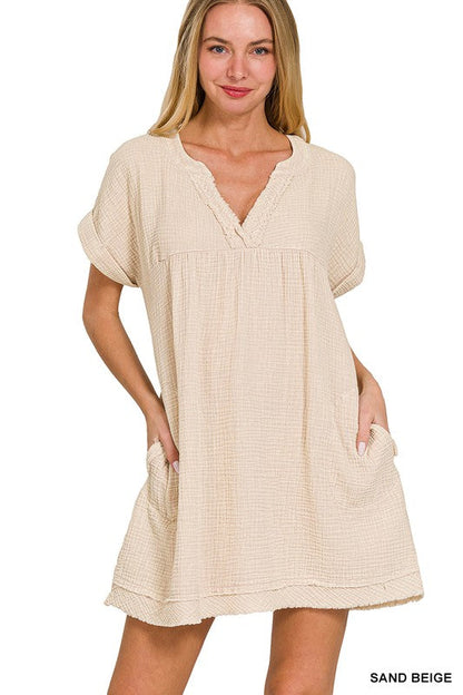 Zenana Baumwolle Doppel-Gaze Gewaschenes Damenkleid S-XL Sandbeige