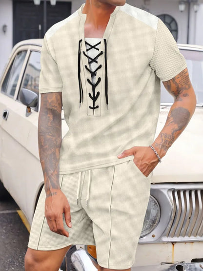 Herren Vollgröße Schnür-Waffle-Strick-Oberteil und Shorts Set Übergröße