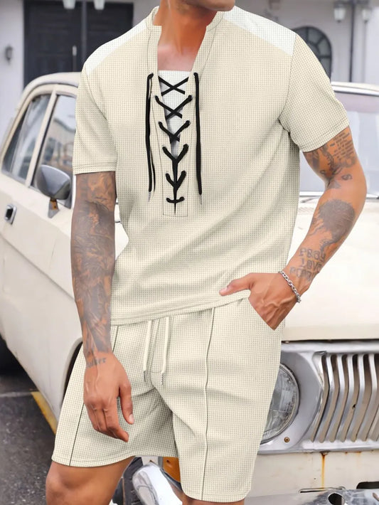 Herren Vollgröße Schnür-Waffle-Strick-Oberteil und Shorts Set Übergröße