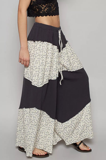 POL Kontrast Blumen Drawstring Weite Bein Damenhose