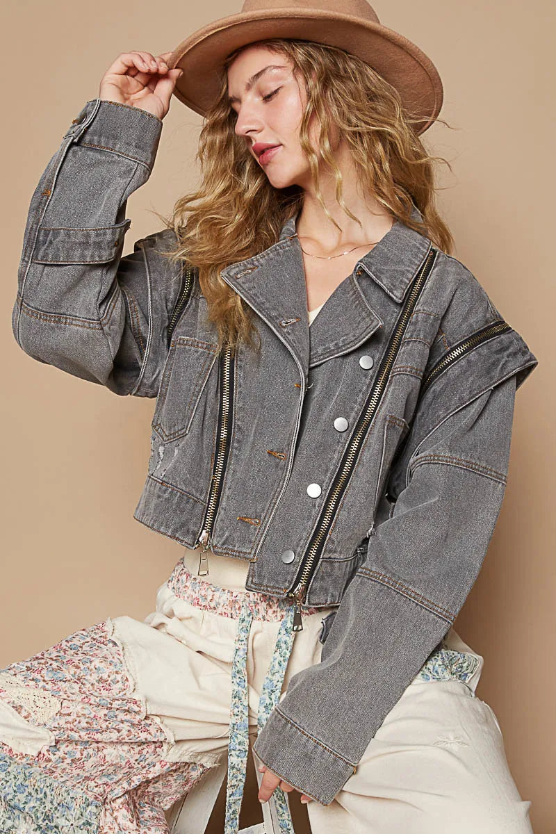 POL Verkürzte Damen-Jeansjacke mit funktionalem Reißverschlussdetail