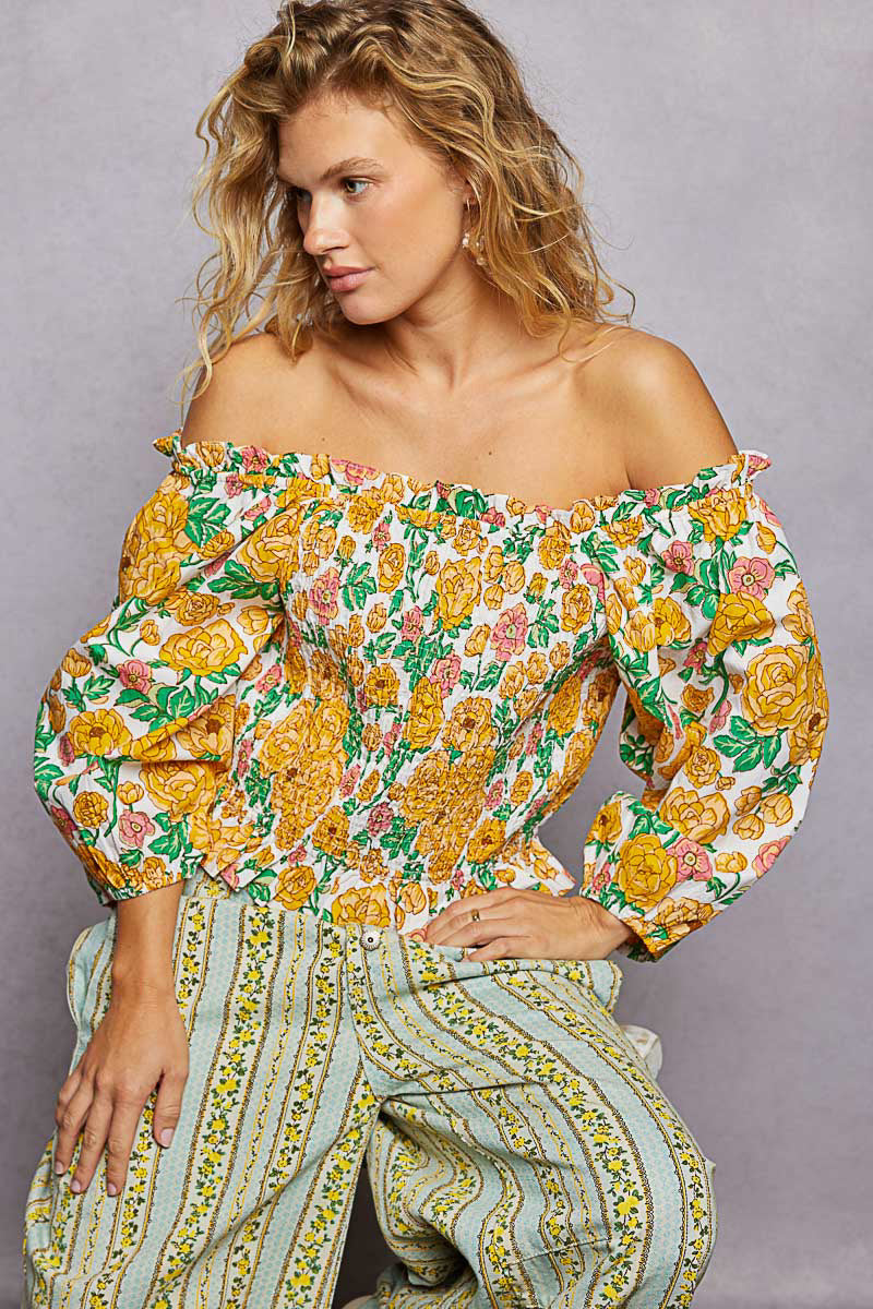 POL Blumenmuster Off-Shoulder Smocked Damenbluse
