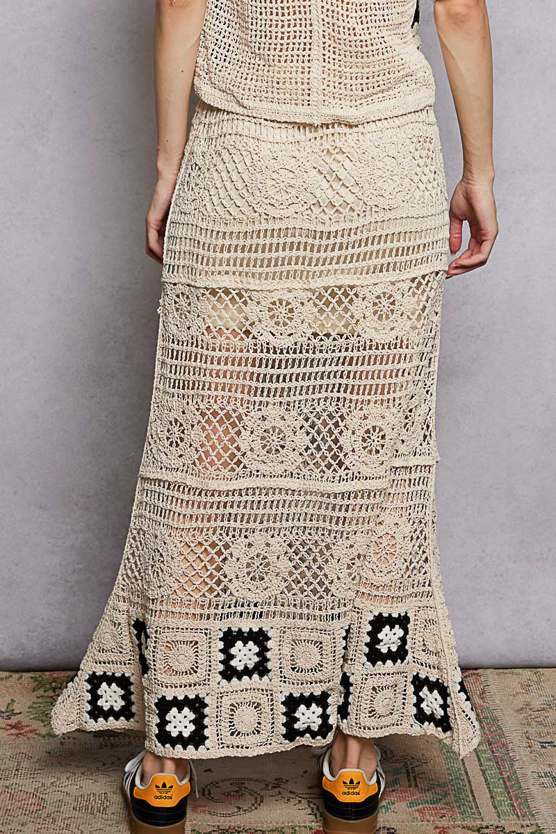 POL Floral Häkel-Rüschentaschen Damen Maxi Rock Granny Square Webart