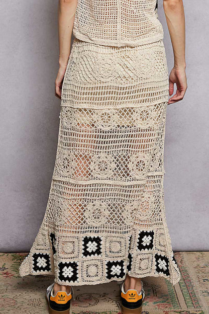 POL Floral Häkel-Rüschentaschen Damen Maxi Rock Granny Square Webart