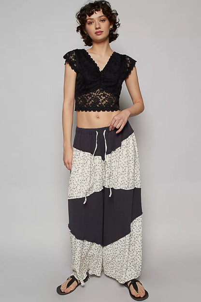 POL Kontrast Blumen Drawstring Weite Bein Damenhose