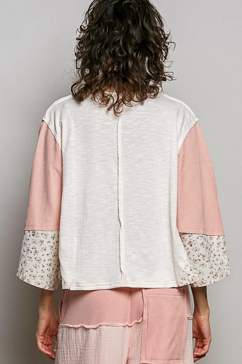 POL Exposed Seam Floral Patchwork Textured Slub Knit Damen Top