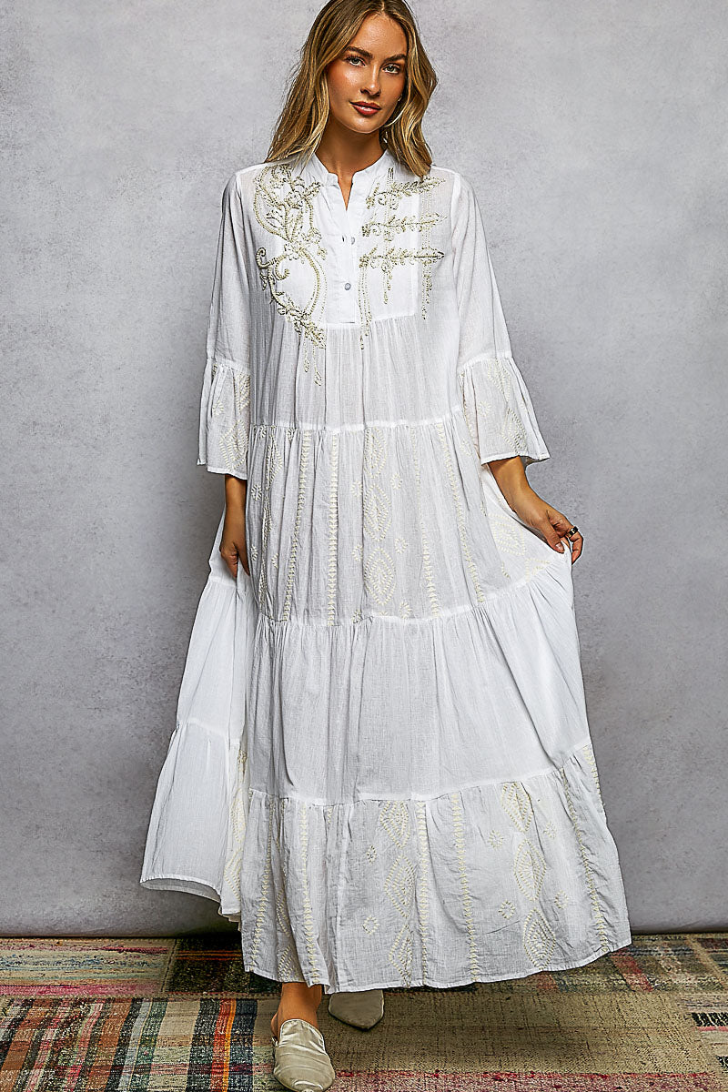 POL Besticktes Floral Tiered Damen Maxikleid
