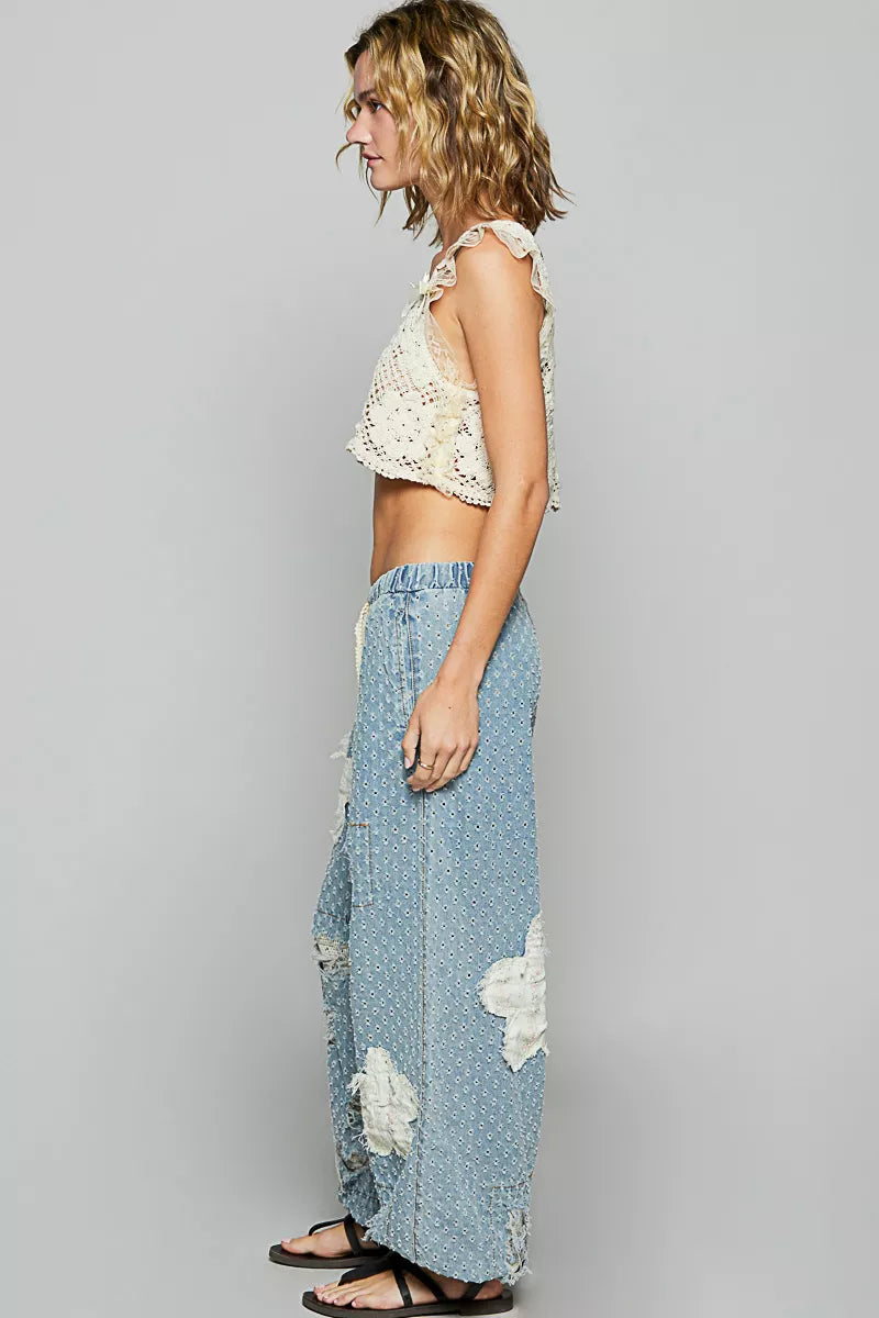 POL Floral Patch Gewaschen Texturiertes Twill Damenhose Häkelpatch