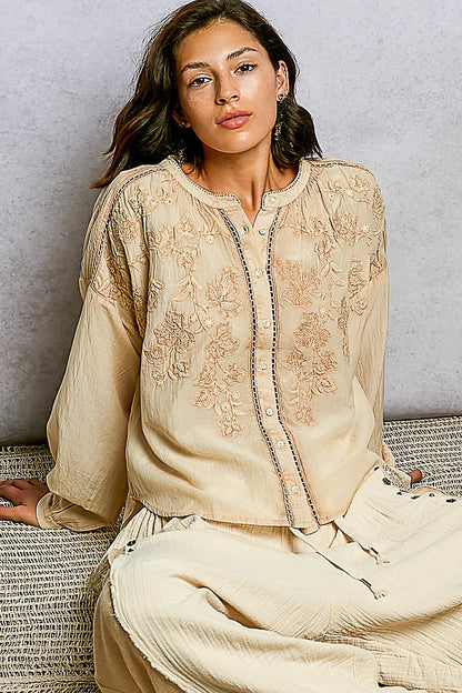 POL Stickerei Button Down Langarm Damenbluse