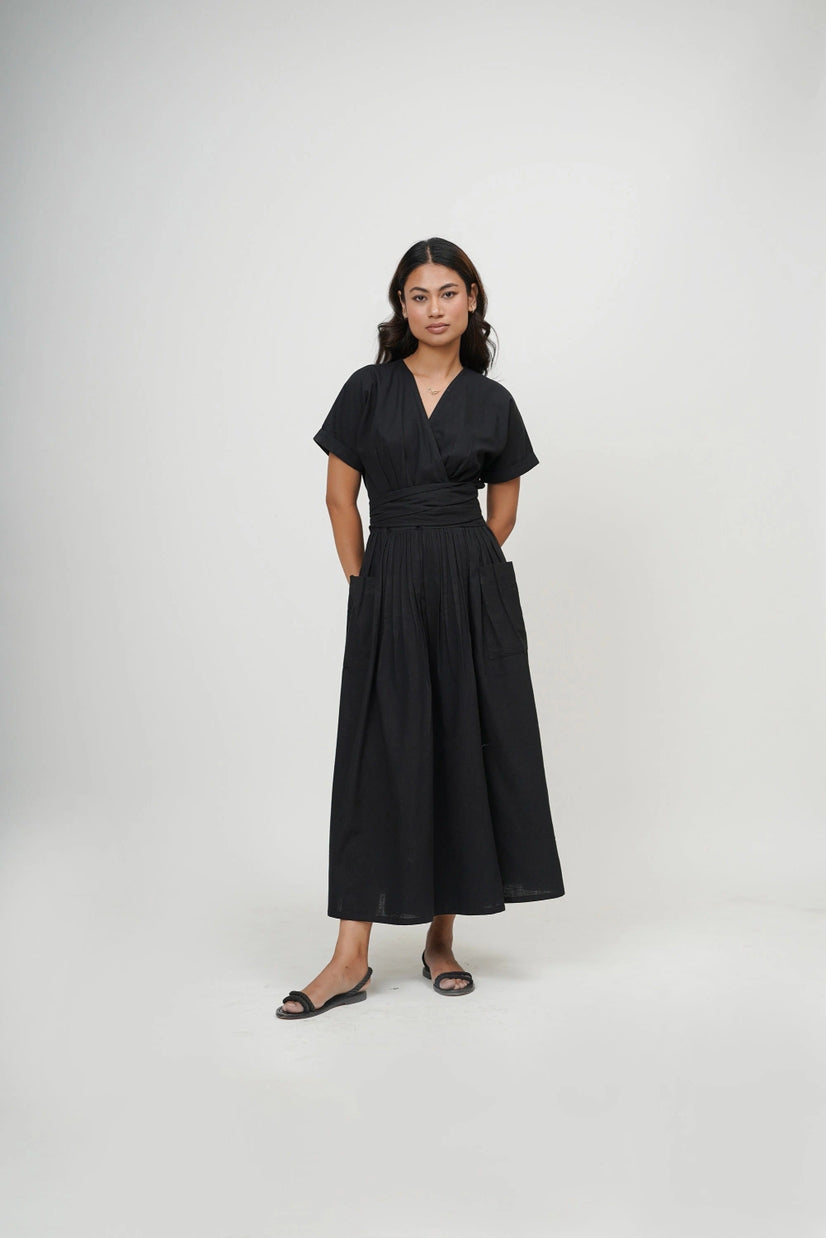 Organic Cotton V-Neck Kimono Wrap Dress with Tie-Up Belt