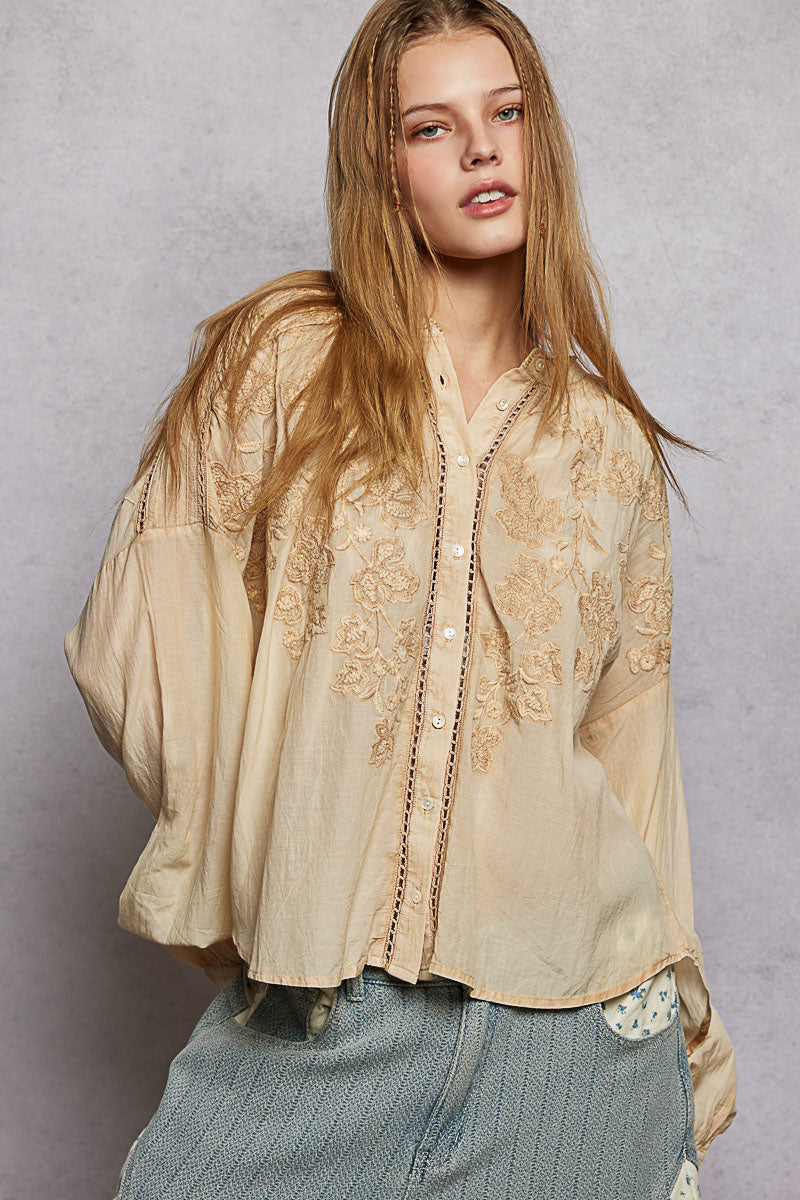 POL Stickerei Button Down Langarm Damenbluse