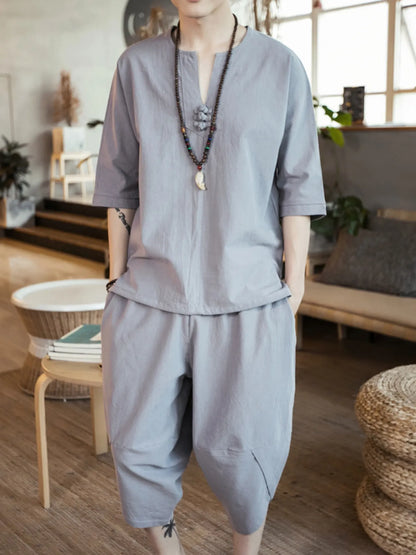 Herren Plus-Size Notched Halbarm-Top und Cropped-Hosen Set