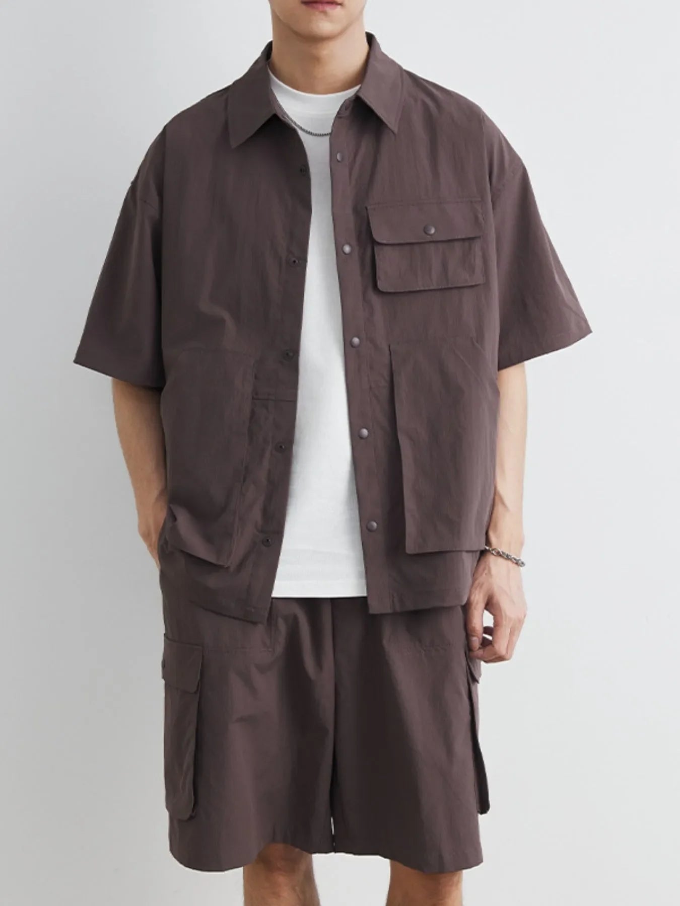 Herren Plus Size Kurzarmhemd mit Knopfleiste und Shorts Set