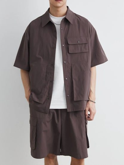 Herren Plus Size Kurzarmhemd mit Knopfleiste und Shorts Set