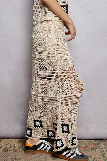 POL Floral Häkel-Rüschentaschen Damen Maxi Rock Granny Square Webart
