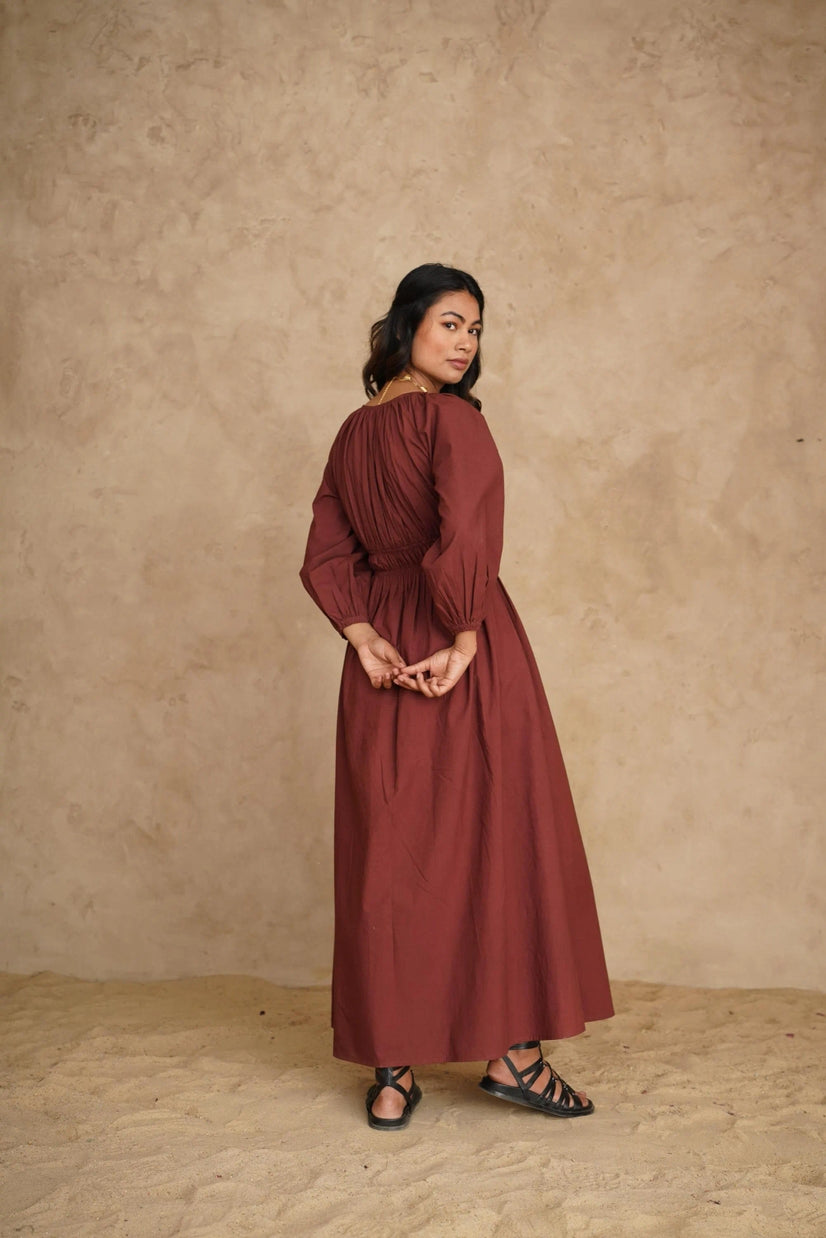 Organic Deep V-Neck Midi Dress with Pockets, Long Sleeve