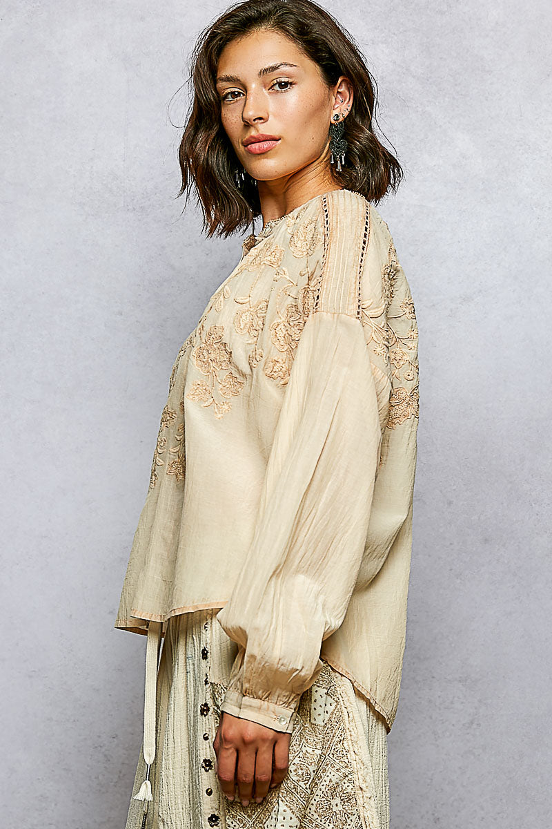 POL Stickerei Button Down Langarm Damenbluse