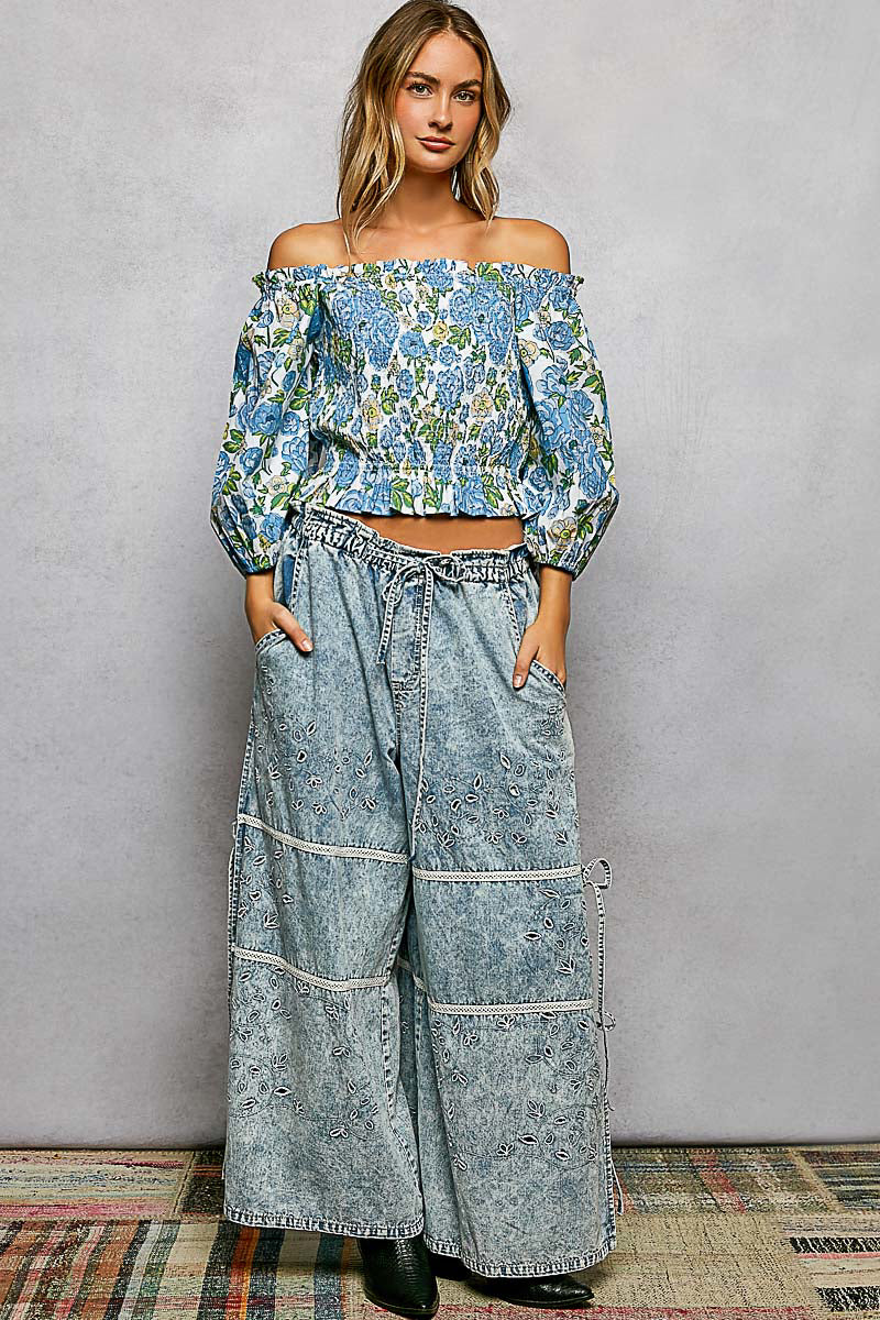 POL Floral Print Smocked Off-Shoulder Damenbluse