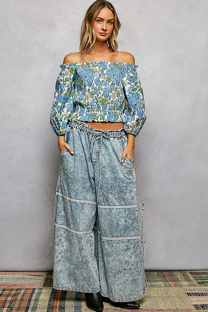 POL Floral Print Smocked Off-Shoulder Damenbluse