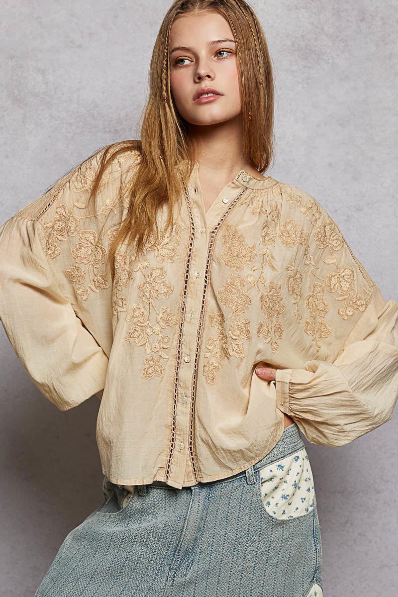 POL Stickerei Button Down Langarm Damenbluse