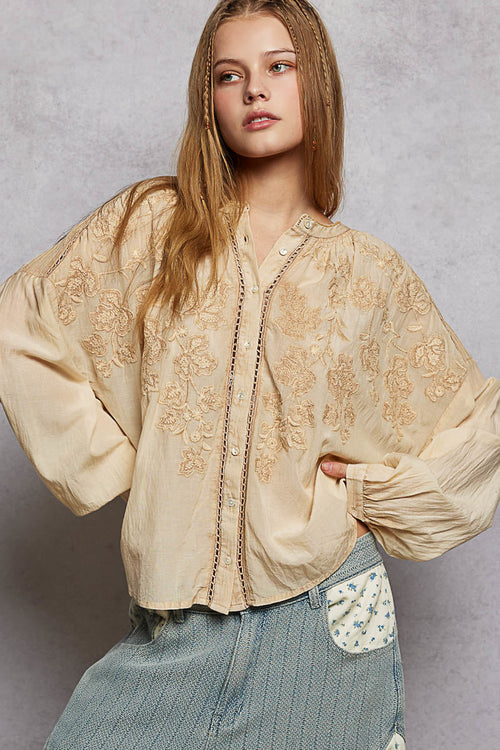 POL Stickerei Button Down Langarm Damenbluse