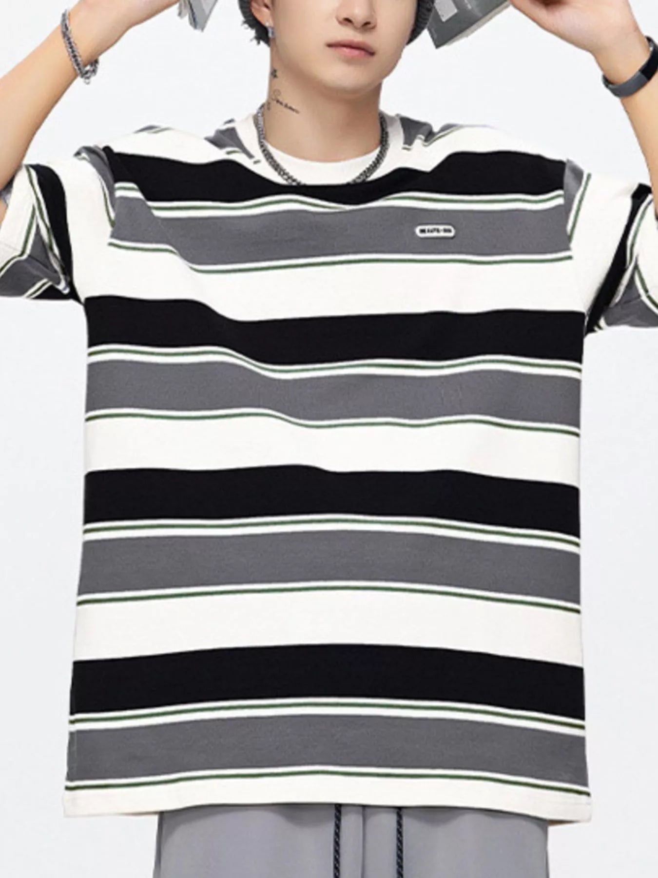 Herren Oversized T-Shirt mit gestreiftem Rundhalsausschnitt in Übergröße