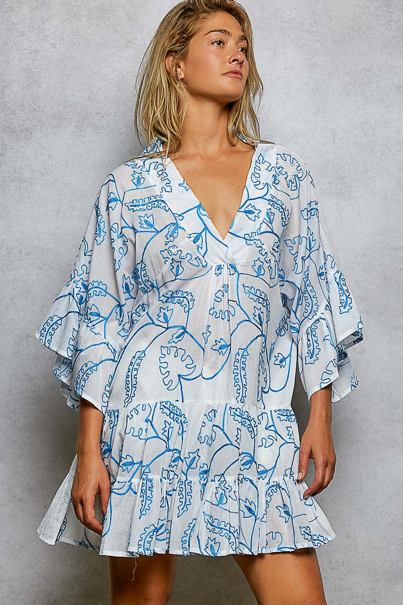 POL Gestufte Rüschendruck 3/4 Ärmel Damen Mini Kleid