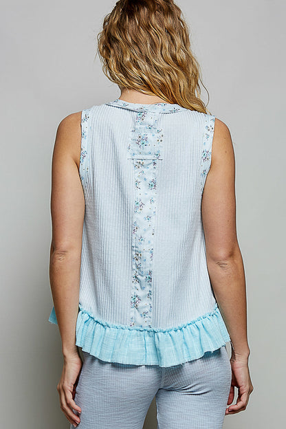 POL Floral Print Patch Ribbed Damen Tanktop mit Rüschendetails aus doppellagiger Gaze