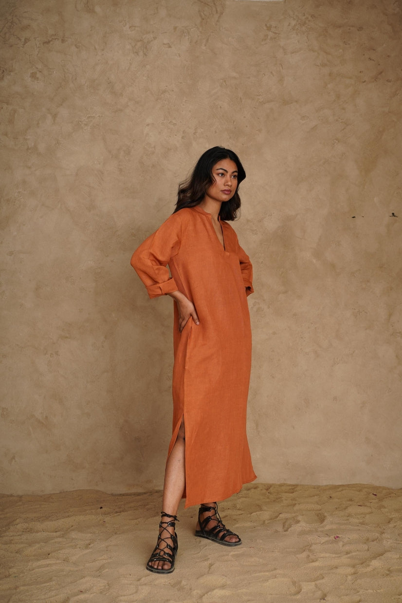 Linen Midi V-neck Dress, Long Sleeve with Side Slit