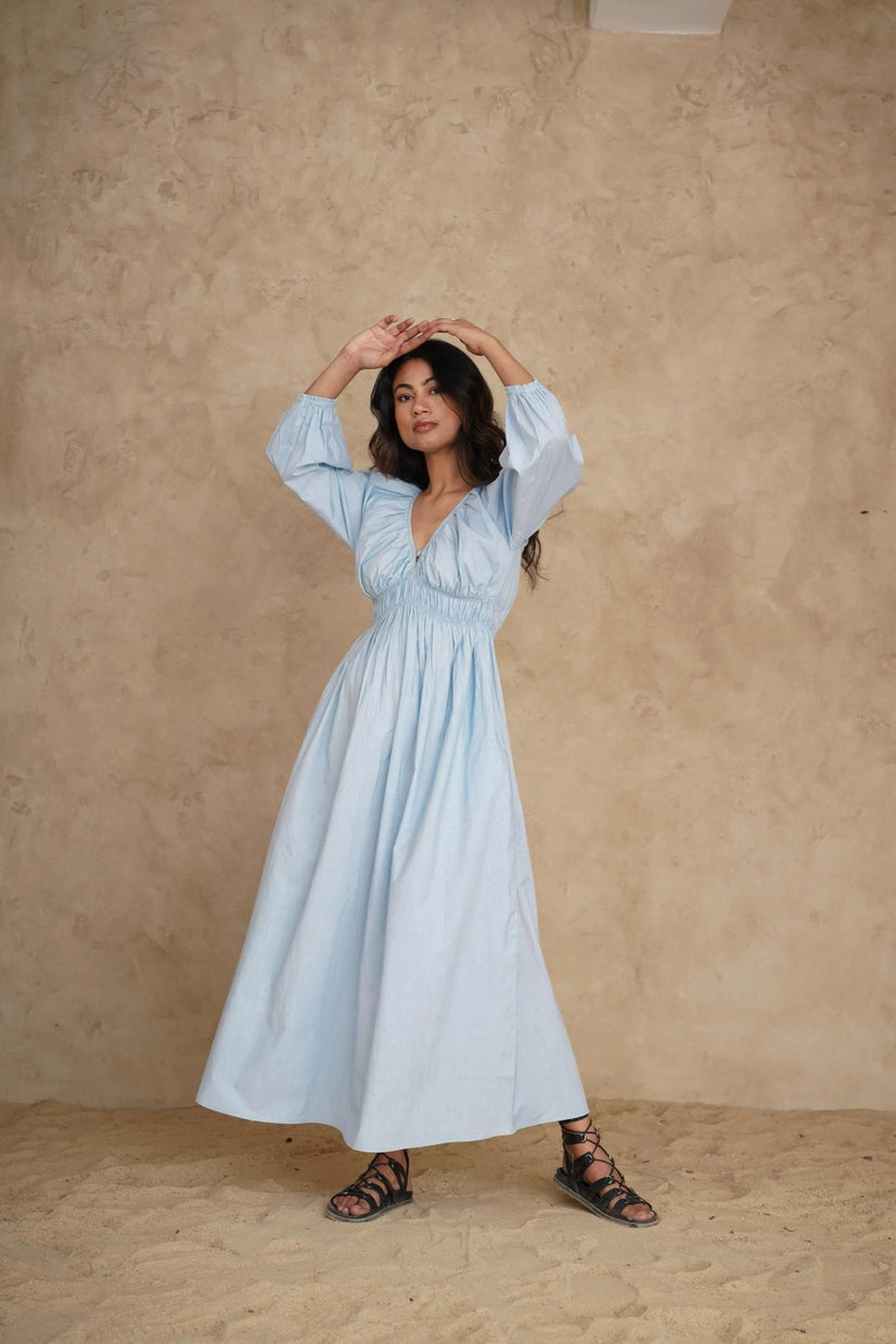 Organic Deep V-Neck Midi Dress with Pockets, Long Sleeve