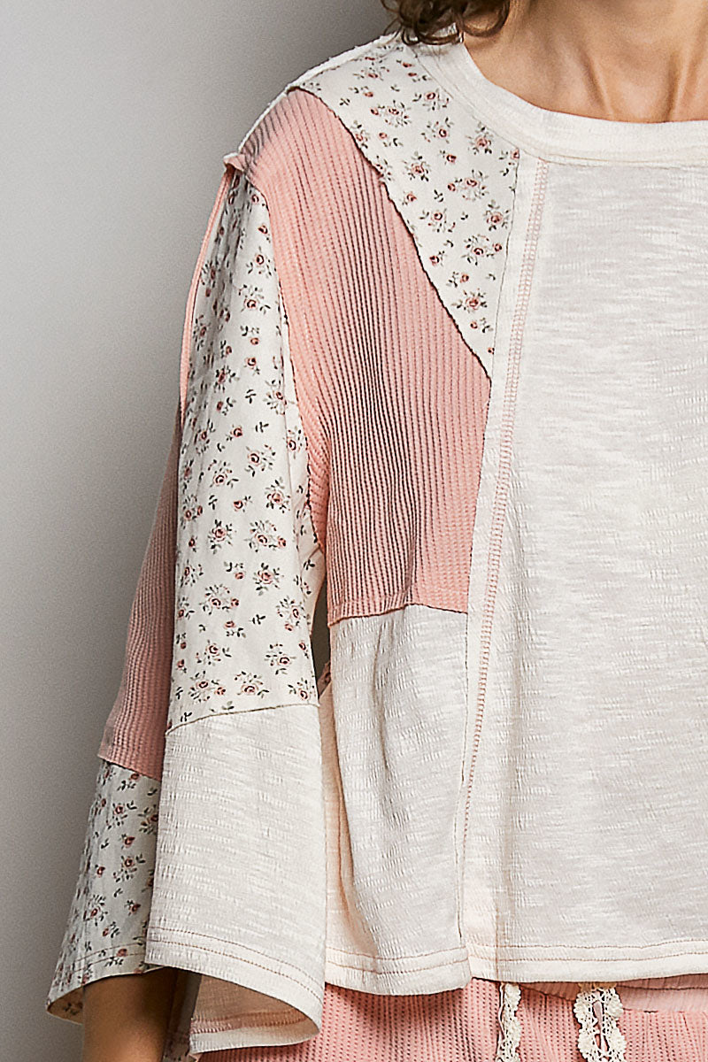 POL Exposed Seam Floral Patchwork Textured Slub Knit Damen Top