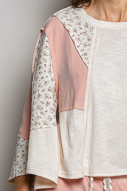 POL Exposed Seam Floral Patchwork Textured Slub Knit Damen Top