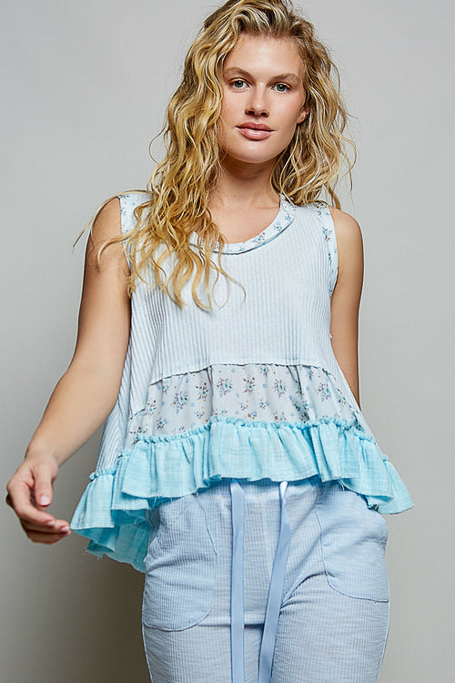 POL Floral Print Patch Ribbed Damen Tanktop mit Rüschendetails aus doppellagiger Gaze