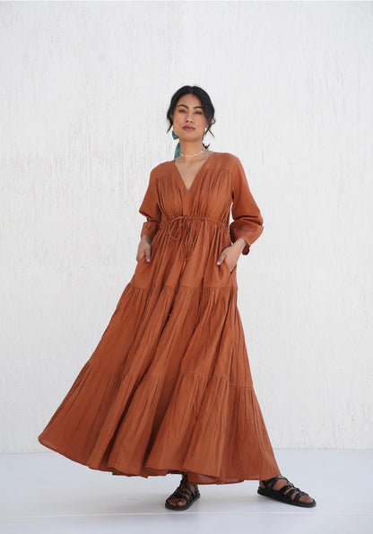 Organic Cotton V Neck Maxi Boho Tunic with Pockets