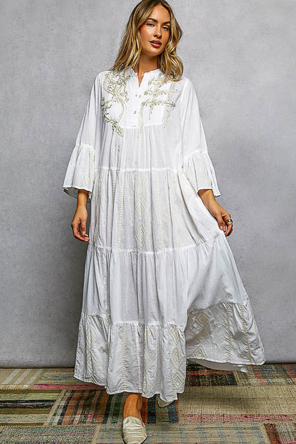 POL Besticktes Floral Tiered Damen Maxikleid