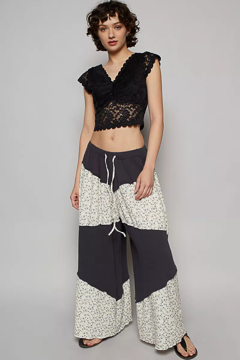 POL Kontrast Blumen Drawstring Weite Bein Damenhose