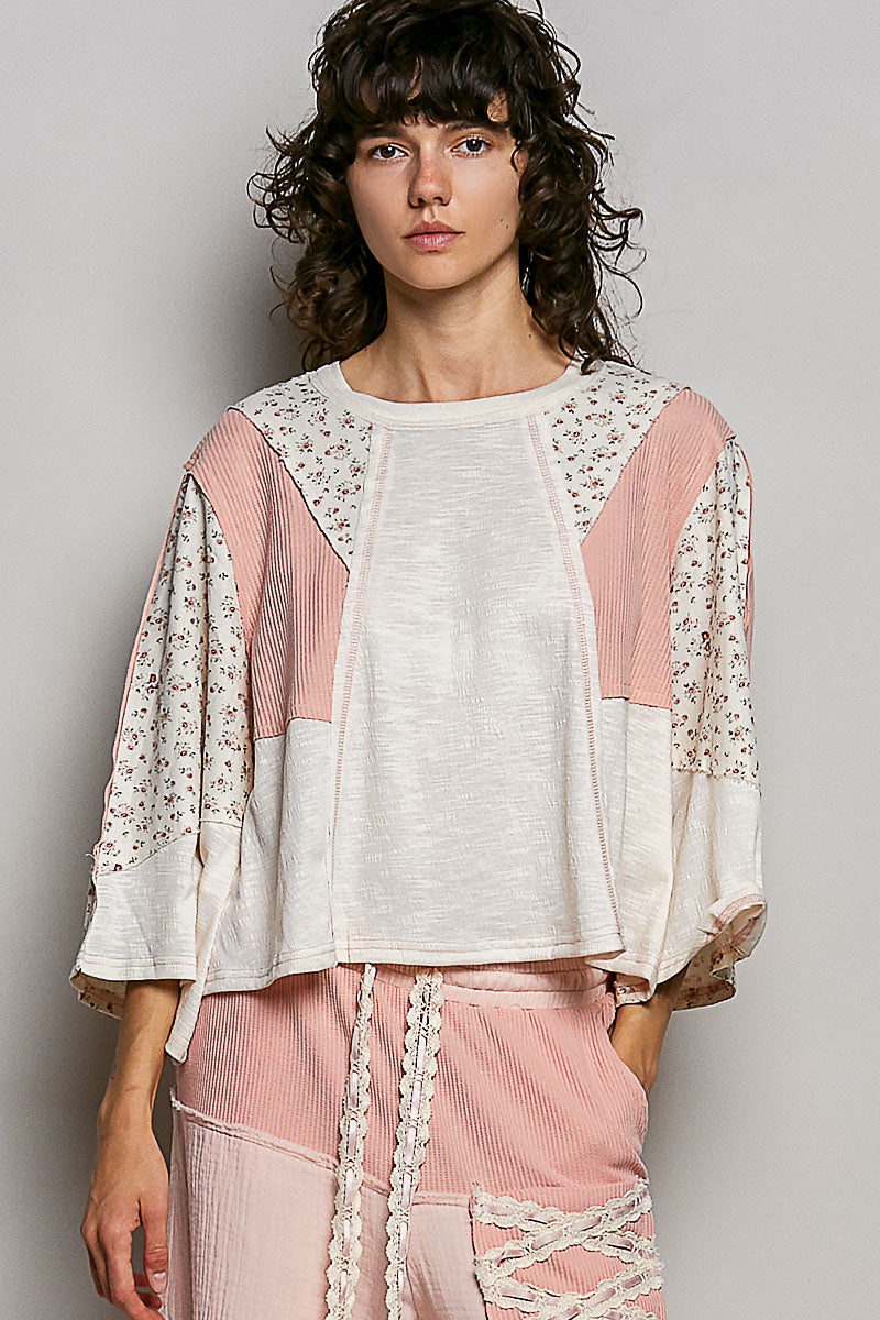 POL Exposed Seam Floral Patchwork Textured Slub Knit Damen Top