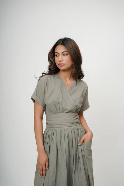 Organic Cotton V-Neck Kimono Wrap Dress with Tie-Up Belt