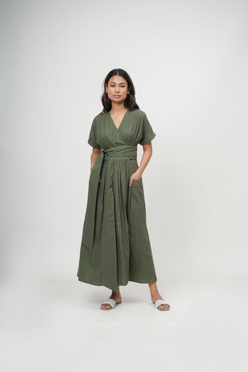 Organic Cotton V-Neck Kimono Wrap Dress with Tie-Up Belt