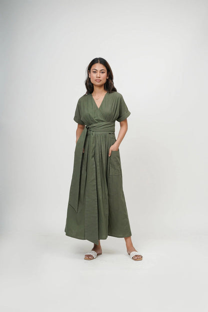 Organic Cotton V-Neck Kimono Wrap Dress with Tie-Up Belt